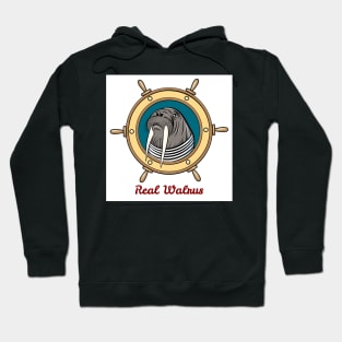 Walrus in seaman shirt against steering wheel drawn in cartoon style. Hoodie